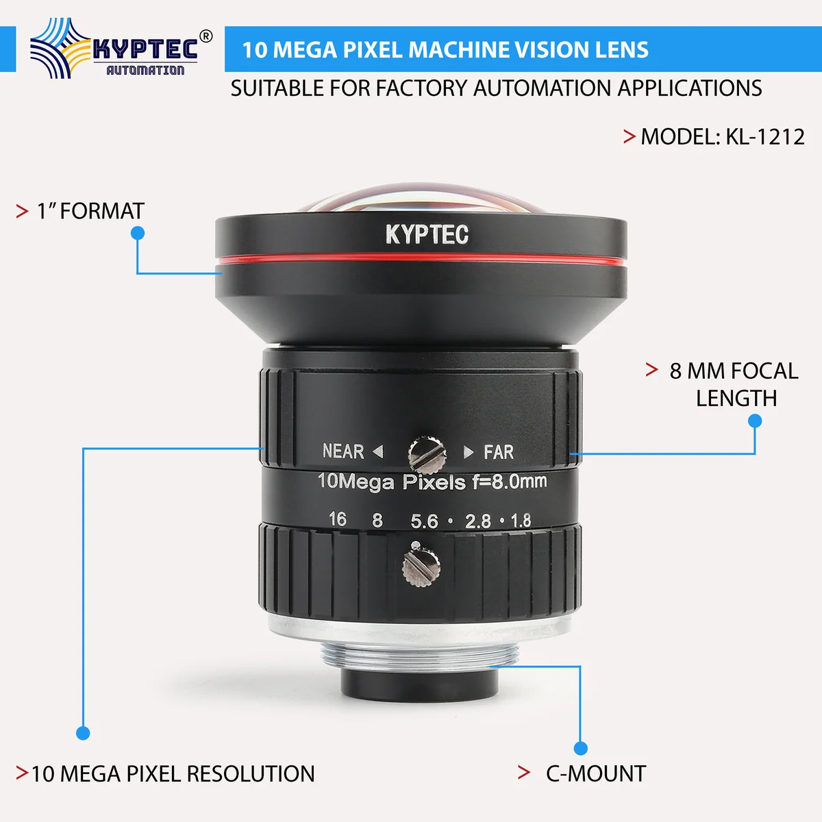 8 MM 10 MP Wide-Field Machine Vision Lens for 1-Inch C-Mount Cameras