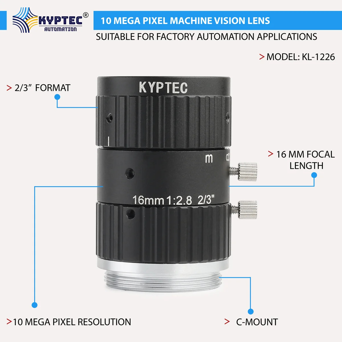 16 MM 10 MP Machine Vision Lens for 2/3-Inch C-Mount Industrial Cameras