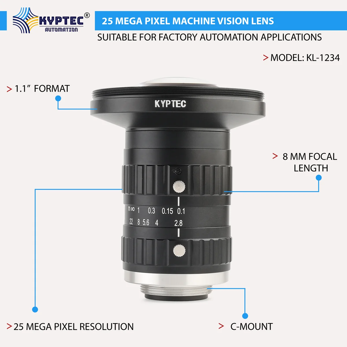 8 MM 5 MP Wide-Angle Machine Vision Lens for 2/3-Inch C-Mount Cameras