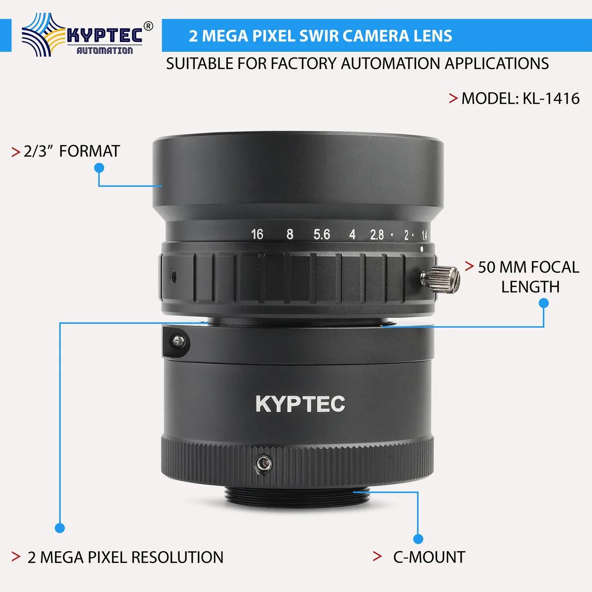 50 MM SWIR Camera Lens, 900–1700 nm, F1.4, 2 MP, 2/3-Inch C-Mount