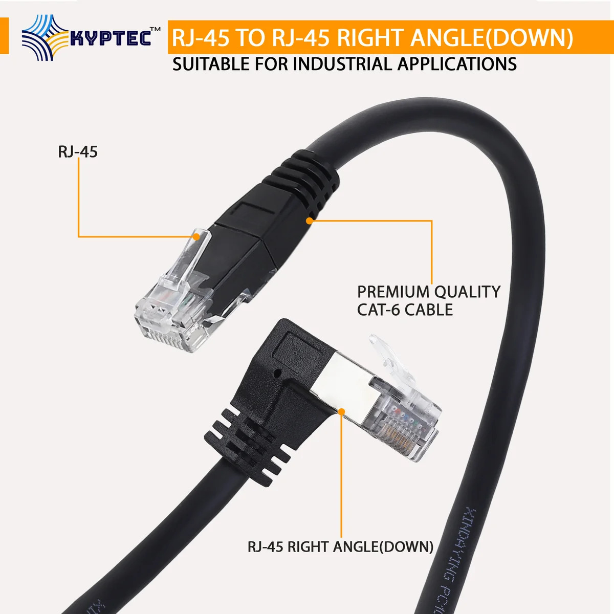 Industrial GigE Ethernet CAT 6 Cable with RJ-45 Right Angle DOWN Connector – Kyptec Automation®