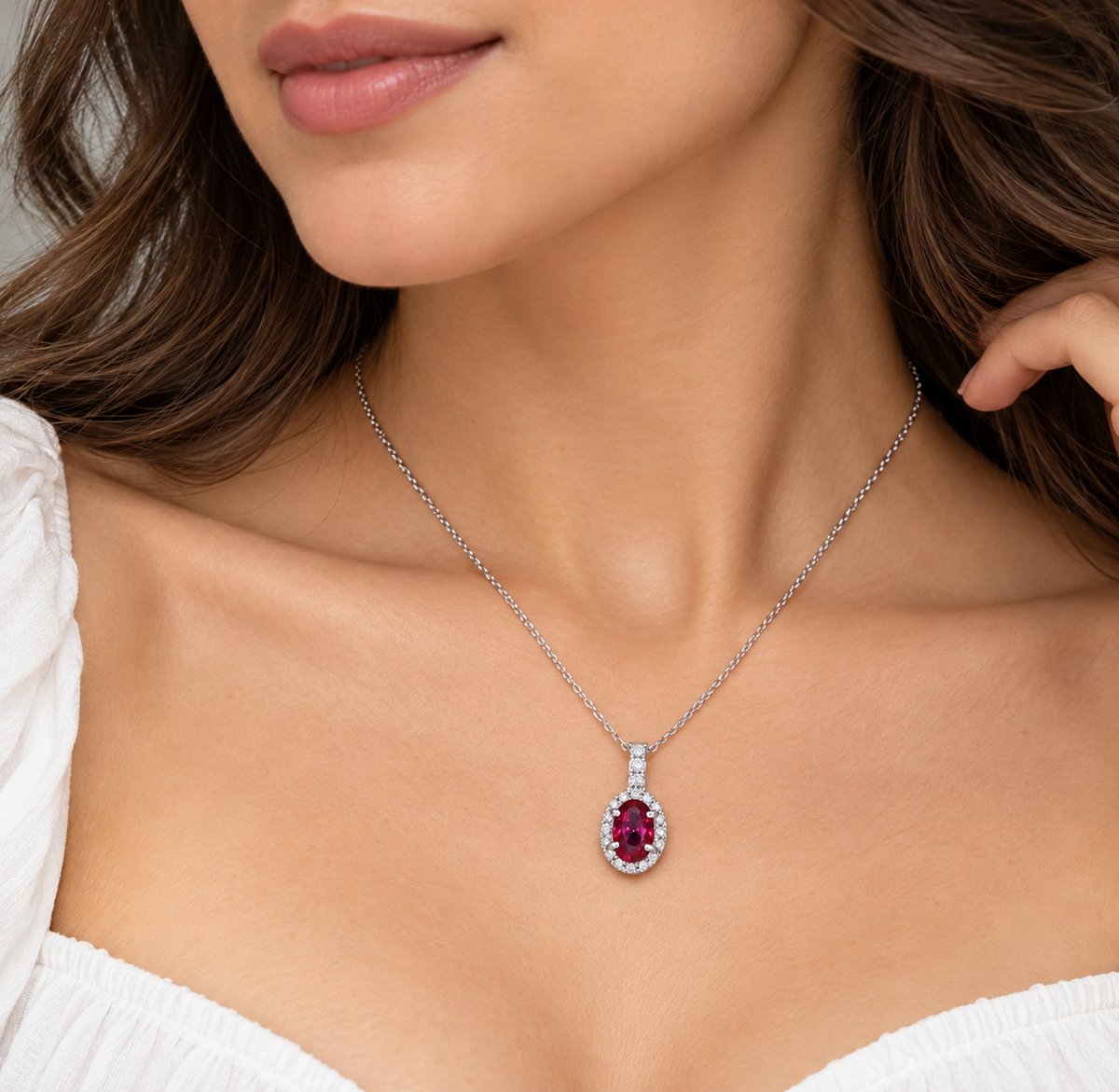 Platinum Diamond Pendant with Oval Ruby and Diamond Halo