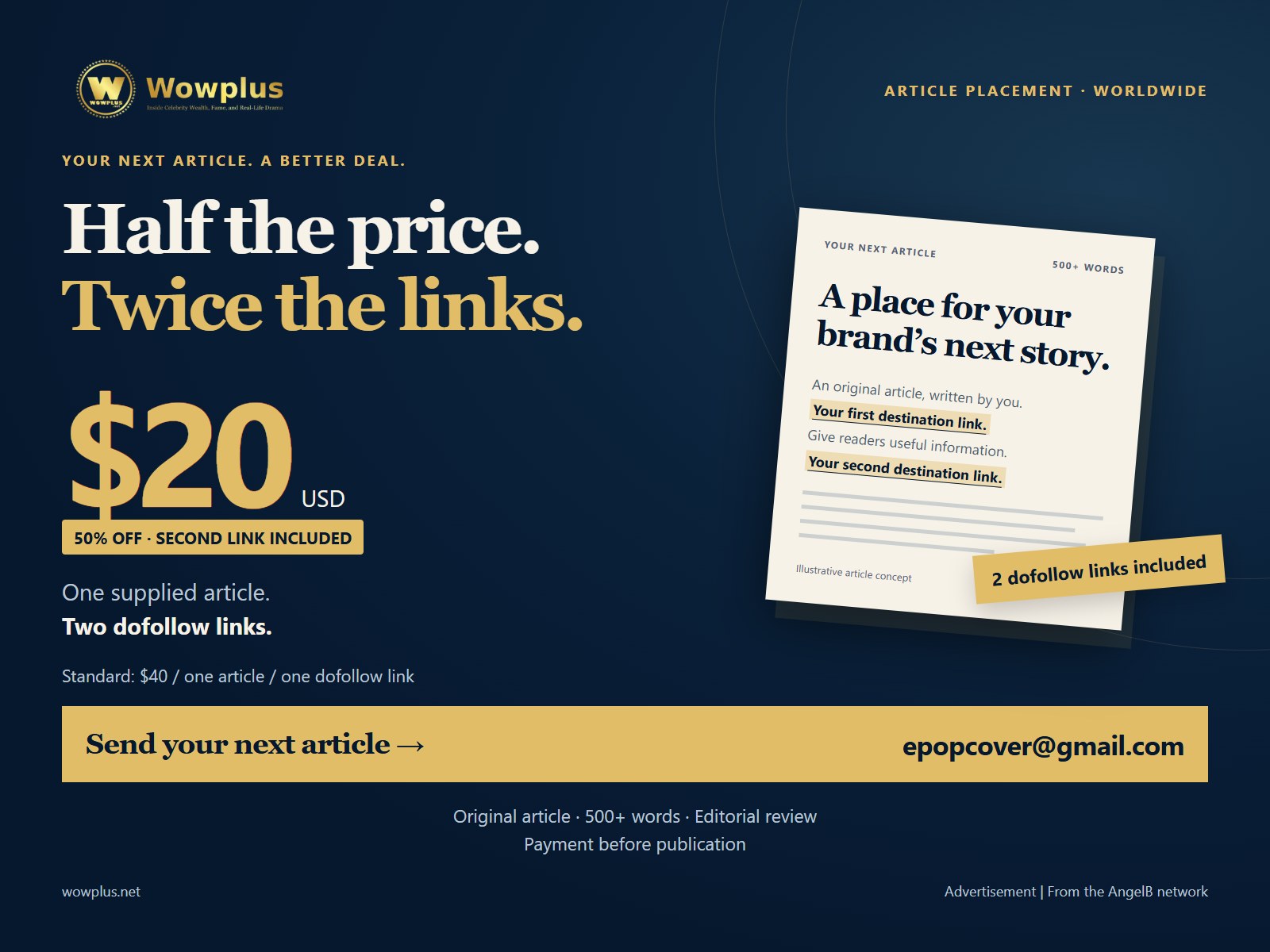 Wowplus weekly article offer: US$20, 2 dofollow links — worldwide